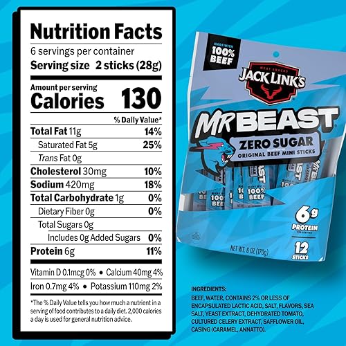 JACK LINK S X MRBEAST ZERO SUGAR MINI BEEF STICKS, 12 COUNT, 6G PROTEIN, 100 REAL BEEF SNACKS
