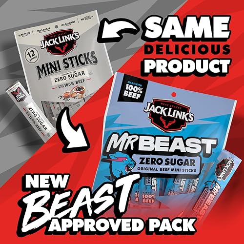 JACK LINK S X MRBEAST ZERO SUGAR MINI BEEF STICKS, 12 COUNT, 6G PROTEIN, 100 REAL BEEF SNACKS