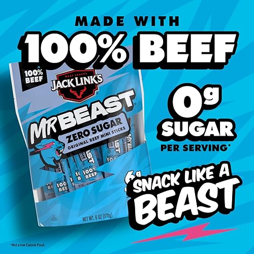 JACK LINK S X MRBEAST ZERO SUGAR MINI BEEF STICKS, 12 COUNT, 6G PROTEIN, 100 REAL BEEF SNACKS