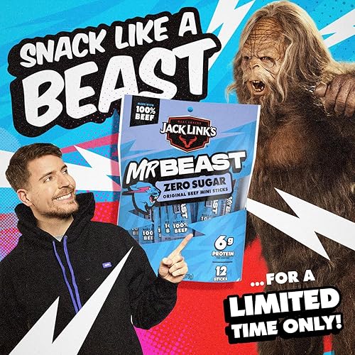JACK LINK S X MRBEAST ZERO SUGAR MINI BEEF STICKS, 12 COUNT, 6G PROTEIN, 100 REAL BEEF SNACKS