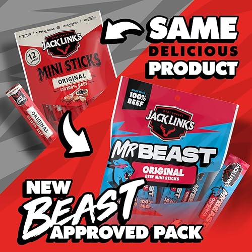 JACK LINK S X MRBEAST ORIGINAL MINI BEEF STICKS, 12 COUNT, 5G PROTEIN, 100 REAL BEEF SNACKS