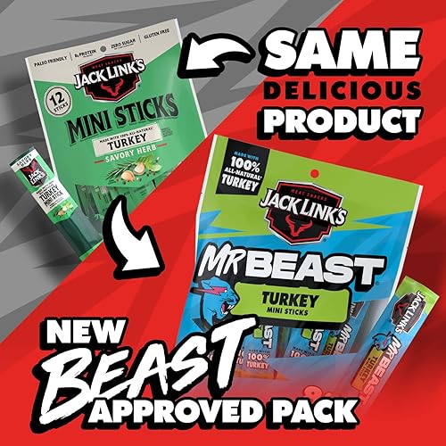 JACK LINK S X MRBEAST TURKEY MINI STICKS, 12 COUNT, 8G PROTEIN, 100 NATURAL, ZERO SUGAR SNACKS