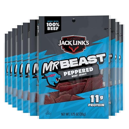 JACK LINK S X MRBEAST PEPPERED BEEF JERKY, 10 COUNT, 11G PROTEIN, 100 REAL BEEF SNACKS