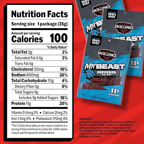 JACK LINK S X MRBEAST PEPPERED BEEF JERKY, 10 COUNT, 11G PROTEIN, 100 REAL BEEF SNACKS