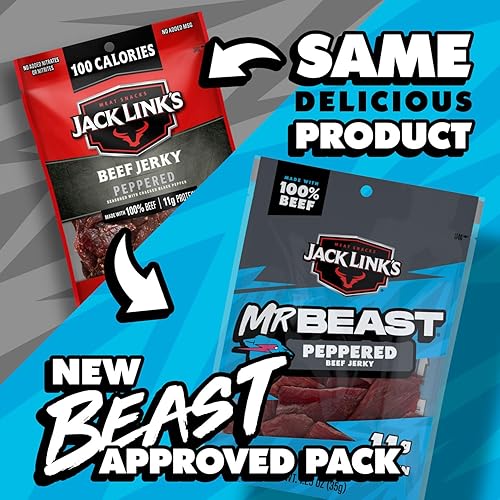 JACK LINK S X MRBEAST PEPPERED BEEF JERKY, 10 COUNT, 11G PROTEIN, 100 REAL BEEF SNACKS