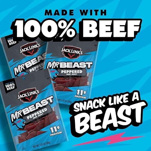 JACK LINK S X MRBEAST PEPPERED BEEF JERKY, 10 COUNT, 11G PROTEIN, 100 REAL BEEF SNACKS