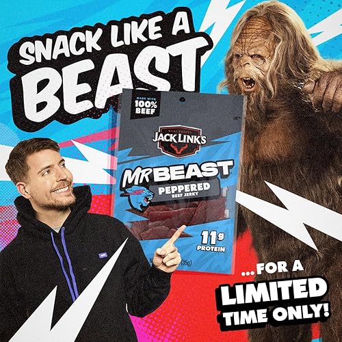 JACK LINK S X MRBEAST PEPPERED BEEF JERKY, 10 COUNT, 11G PROTEIN, 100 REAL BEEF SNACKS