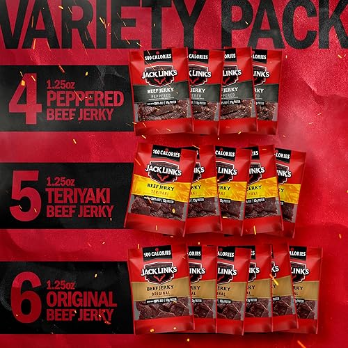 JACK LINKS BEEF JERKY VARIETY PACK 15 COUNT ORIGINAL, TERIYAKI PEPPERED PROTEIN SNACKS