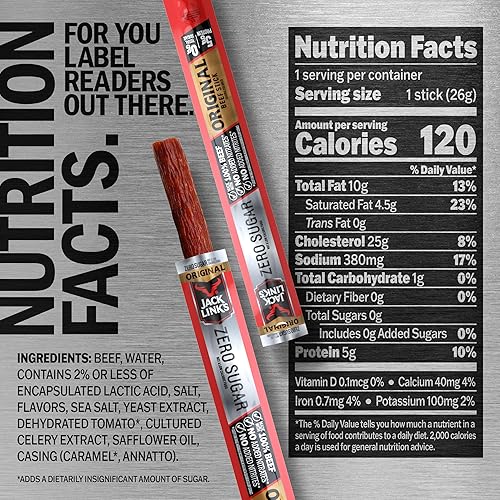 JACK LINKS ORIGINAL ZERO SUGAR BEEF STICKS 20 PACK - 0.92 OZ PROTEIN SNACKS, 5G PROTEIN EACH