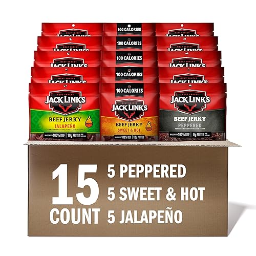 JACK LINKS BOLD BEEF JERKY VARIETY PACK 15 COUNT - SWEET HOT, JALAPENO, PEPPERED SNACKS