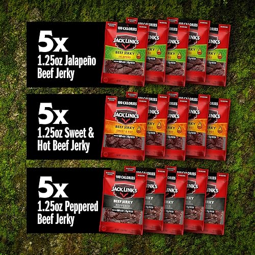 JACK LINKS BOLD BEEF JERKY VARIETY PACK 15 COUNT - SWEET HOT, JALAPENO, PEPPERED SNACKS