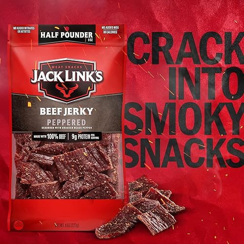 JACK LINKS PEPPERED BEEF JERKY 0.5 LB LARGE BAG HIGH PROTEIN MEAT SNACK, 9G PROTEIN SERVING