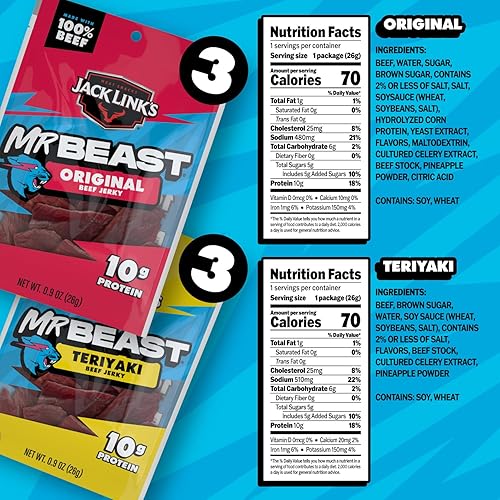 JACK LINKS X MRBEAST BEEF JERKY VARIETY PACK - ORIGINAL TERIYAKI, 6 COUNT, HIGH PROTEIN SNACKS