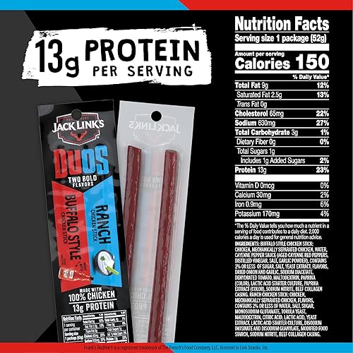 JACK LINKS DUOS CHICKEN JERKY STICKS 13G PROTEIN BUFFALO RANCH FLAVOR 10 PACK 1.84OZ