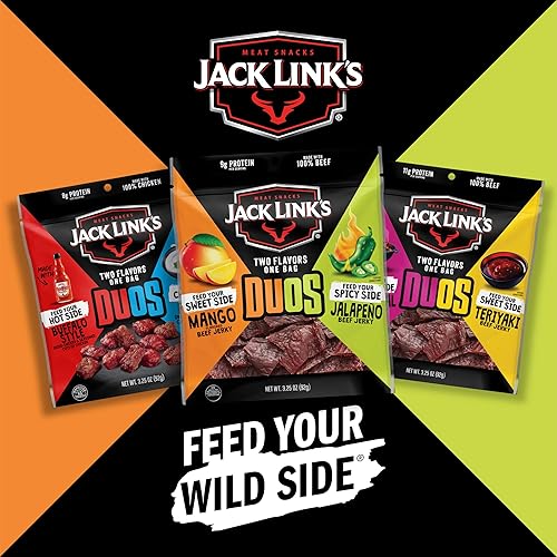 JACK LINKS DUOS JALAPEñO MANGO BEEF JERKY SNACK PACKS, 9G PROTEIN, 8 COUNT, 3.25OZ