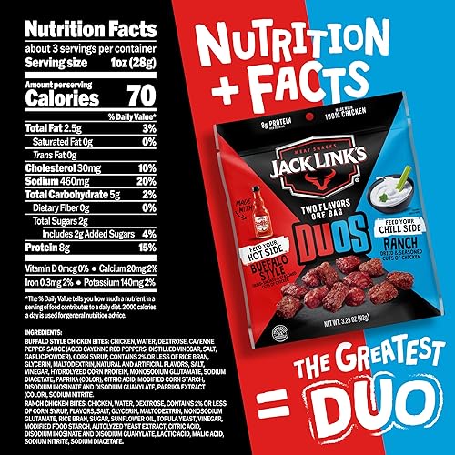 JACK LINKS DUOS FRANKS REDHOT BUFFALO CHICKEN BITES WITH RANCH, 8G PROTEIN, 8 COUNT, 2.85OZ