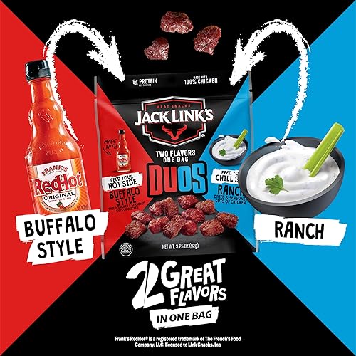 JACK LINKS DUOS FRANKS REDHOT BUFFALO CHICKEN BITES WITH RANCH, 8G PROTEIN, 8 COUNT, 2.85OZ