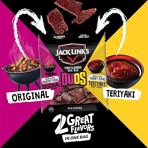 JACK LINKS DUOS ORIGINAL TERIYAKI BEEF JERKY SNACK PACKS, 11G PROTEIN, 4 COUNT, 3.25OZ