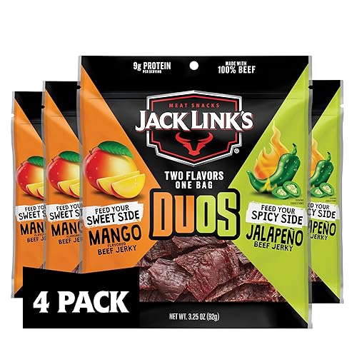 JACK LINKS DUOS JALAPENO MANGO BEEF JERKY 4 PACK, 3.25 OZ BAGS, HIGH PROTEIN SNACKS