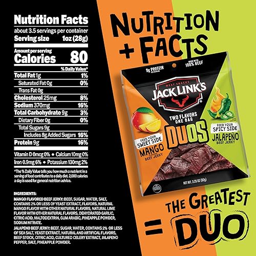 JACK LINKS DUOS JALAPENO MANGO BEEF JERKY 4 PACK, 3.25 OZ BAGS, HIGH PROTEIN SNACKS
