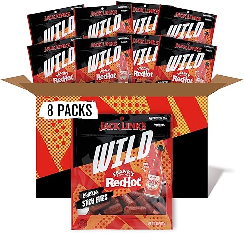 JACK LINKS WILD CHICKEN STICK BITES WITH FRANKS REDHOT FLAVOR, 8-PACK 4OZ MINI MEAT SNACKS