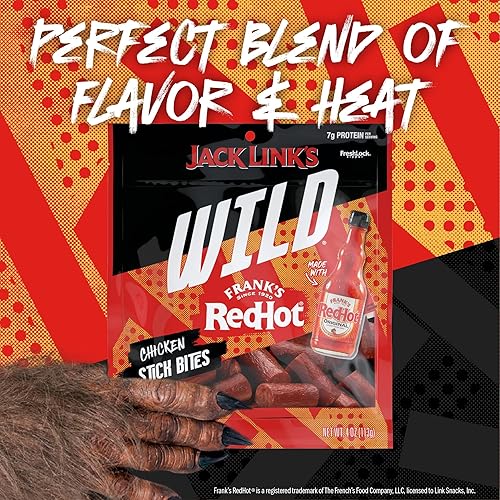 JACK LINKS WILD CHICKEN STICK BITES WITH FRANKS REDHOT FLAVOR, 8-PACK 4OZ MINI MEAT SNACKS