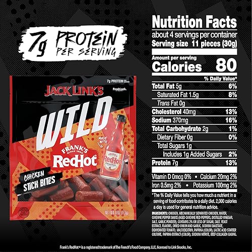 JACK LINKS WILD CHICKEN STICK BITES WITH FRANKS REDHOT FLAVOR, 8-PACK 4OZ MINI MEAT SNACKS