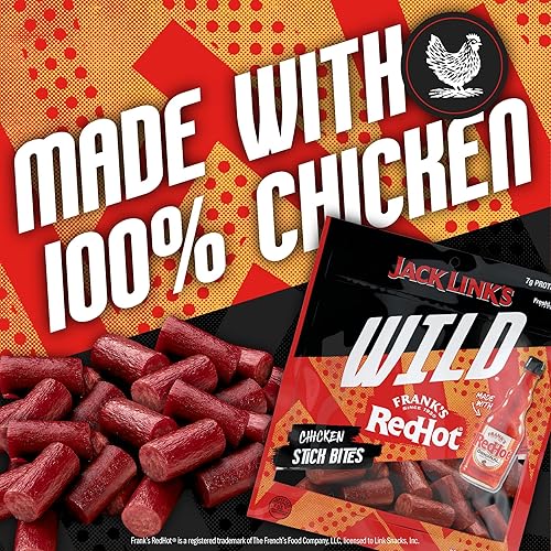 JACK LINKS WILD CHICKEN STICK BITES WITH FRANKS REDHOT FLAVOR, 8-PACK 4OZ MINI MEAT SNACKS