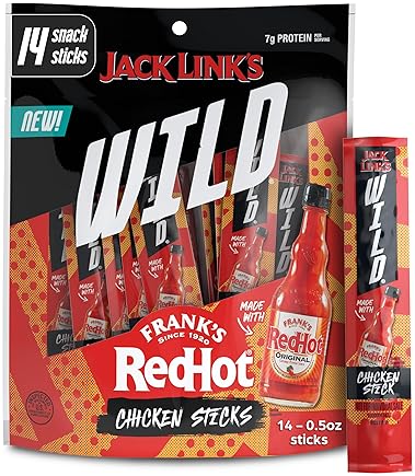 JACK LINKS WILD MINI CHICKEN STICKS WITH FRANKS REDHOT FLAVOR KETO PALEO PROTEIN SNACKS, 14 COUNT