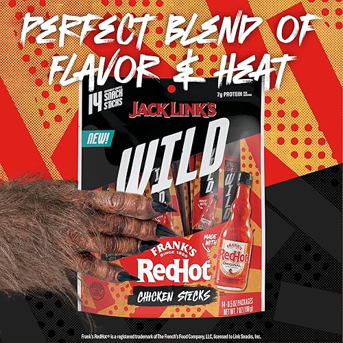 JACK LINKS WILD MINI CHICKEN STICKS WITH FRANKS REDHOT FLAVOR KETO PALEO PROTEIN SNACKS, 14 COUNT