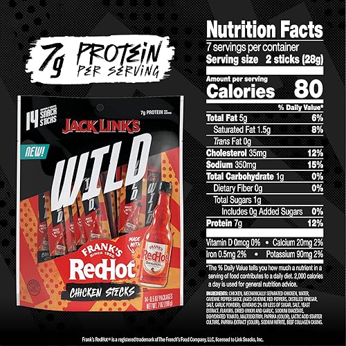 JACK LINKS WILD MINI CHICKEN STICKS WITH FRANKS REDHOT FLAVOR KETO PALEO PROTEIN SNACKS, 14 COUNT
