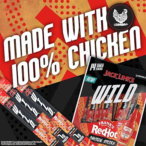 JACK LINKS WILD MINI CHICKEN STICKS WITH FRANKS REDHOT FLAVOR KETO PALEO PROTEIN SNACKS, 14 COUNT