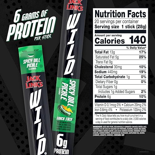 JACK LINKS WILD SPICY DILL PICKLE MEAT STICKS - HIGH PROTEIN READY-TO-EAT SNACKS, 20 PACK