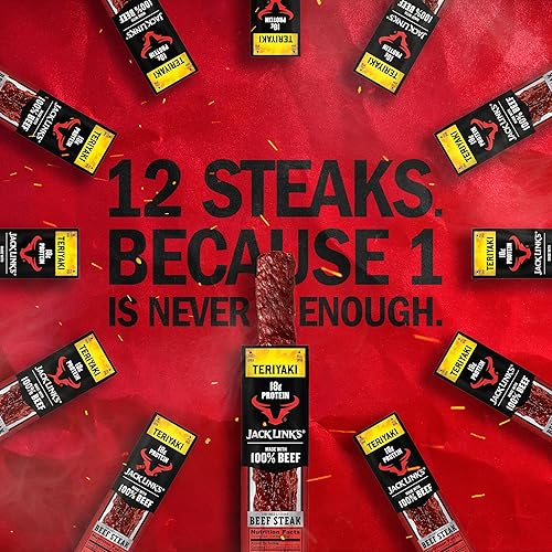JACK LINKS TERIYAKI BEEF STEAK PROTEIN SNACKS - 18G PROTEIN, 100 BEEF, KETO FRIENDLY, 12 PACK