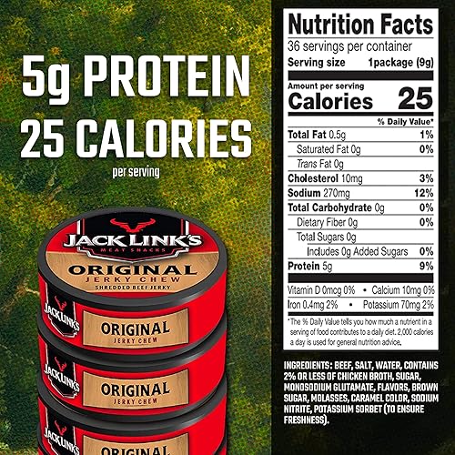 JACK LINKS ORIGINAL BEEF JERKY CHEW, 100 BEEF PROTEIN SNACK, 0.32OZ TIN, PACK OF 72