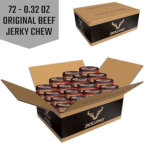 JACK LINKS ORIGINAL BEEF JERKY CHEW, 100 BEEF PROTEIN SNACK, 0.32OZ TIN, PACK OF 72