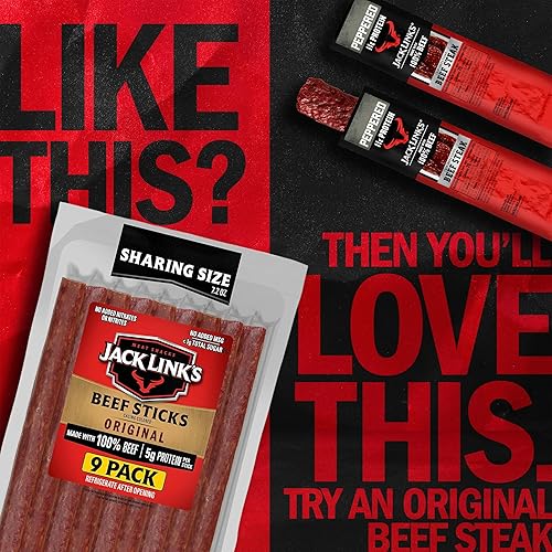 JACK LINKS ORIGINAL BEEF STICKS 7.2 OZ - 100 BEEF PROTEIN SNACK, KETO FRIENDLY MEAT STICK