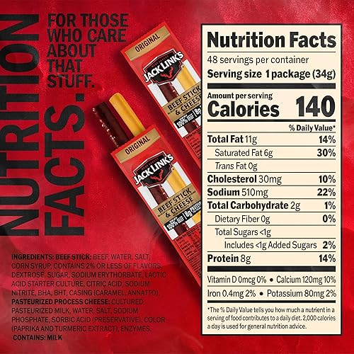 JACK LINKS ORIGINAL BEEF CHEESE SNACK PACK, 48 COUNT, 100 BEEF, REAL WISCONSIN CHEESE