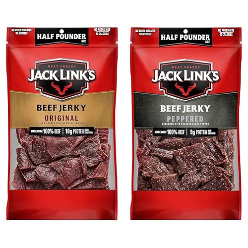 JACK LINKS BEEF JERKY ORIGINAL PEPPERED ½ POUND BAGS, HIGH PROTEIN, LOW CALORIE, PACK OF 2