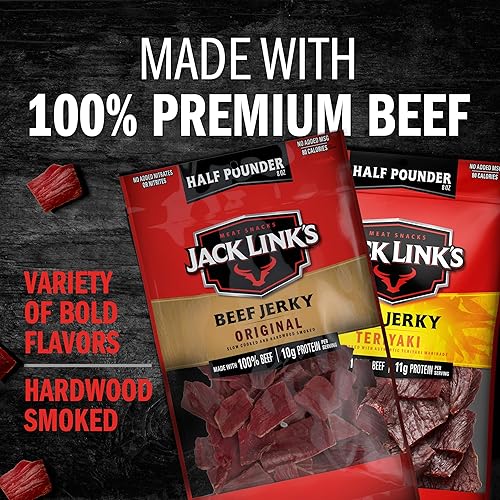 JACK LINKS BEEF JERKY ORIGINAL PEPPERED ½ POUND BAGS, HIGH PROTEIN, LOW CALORIE, PACK OF 2