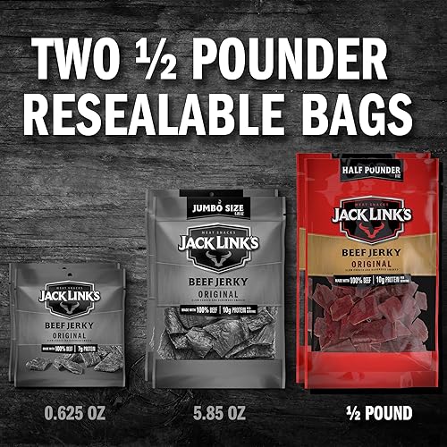 JACK LINKS BEEF JERKY ORIGINAL PEPPERED ½ POUND BAGS, HIGH PROTEIN, LOW CALORIE, PACK OF 2