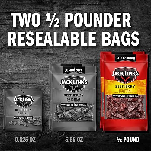 JACK LINKS PEPPERED TERIYAKI BEEF JERKY ½ POUND BAGS, HIGH PROTEIN, LOW CALORIE, PACK OF 2