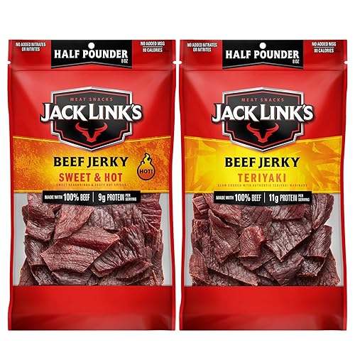JACK LINKS BEEF JERKY SWEET HOT AND TERIYAKI FLAVOR, 100 BEEF MEAT SNACK, 2-PACK 1 2 LB