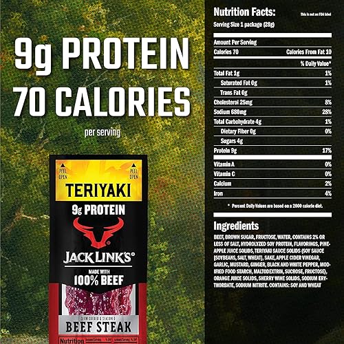 JACK LINKS TERIYAKI BEEF STICKS PREMIUM CUTS STEAK PROTEIN SNACKS, 0.92OZ 1OZ PACKS