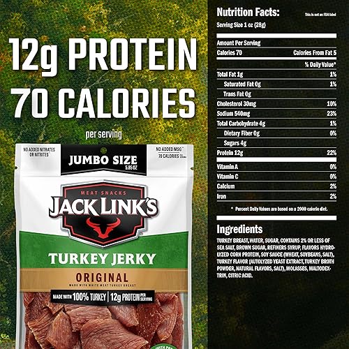 JACK LINKS ORIGINAL TURKEY JERKY 5.85 OZ HIGH PROTEIN, LOW CALORIE, NO MSG, 96 FAT FREE