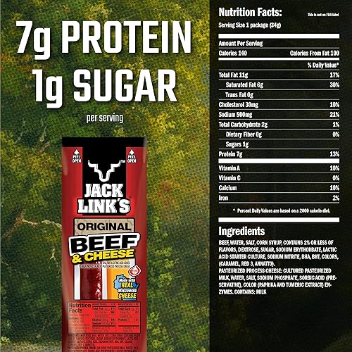 JACK LINK S ORIGINAL BEEF CHEESE COMBO PACK, 48 COUNT, 1.2 OZ, REAL WISCONSIN CHEESE, 7G PROTEIN