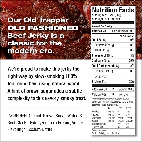 OLD TRAPPER BEEF JERKY 8OZ - HIGH PROTEIN, LOW FAT SNACK FOR LUNCH BETWEEN MEALS