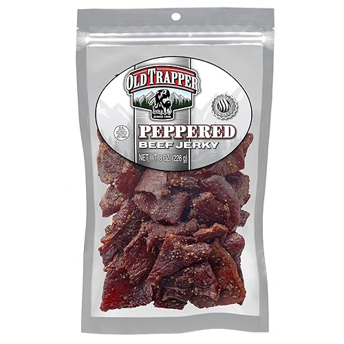 OLD TRAPPER PEPPERED BEEF JERKY 8OZ SPICY HIGH PROTEIN SNACK, LOW FAT, 70 CALORIES