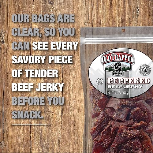 OLD TRAPPER PEPPERED BEEF JERKY 8OZ SPICY HIGH PROTEIN SNACK, LOW FAT, 70 CALORIES