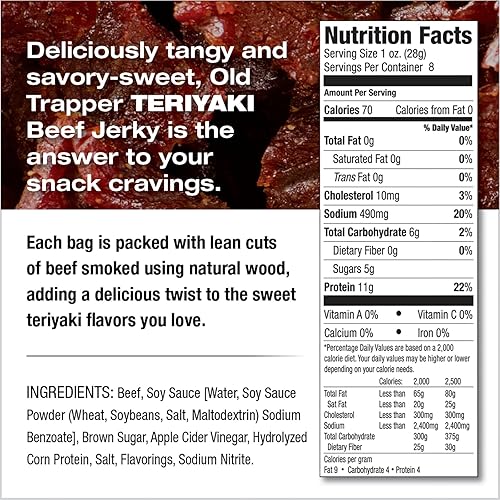OLD TRAPPER TERIYAKI BEEF JERKY 8OZ - HIGH PROTEIN, LOW FAT SNACK FOR LUNCH BETWEEN MEALS
